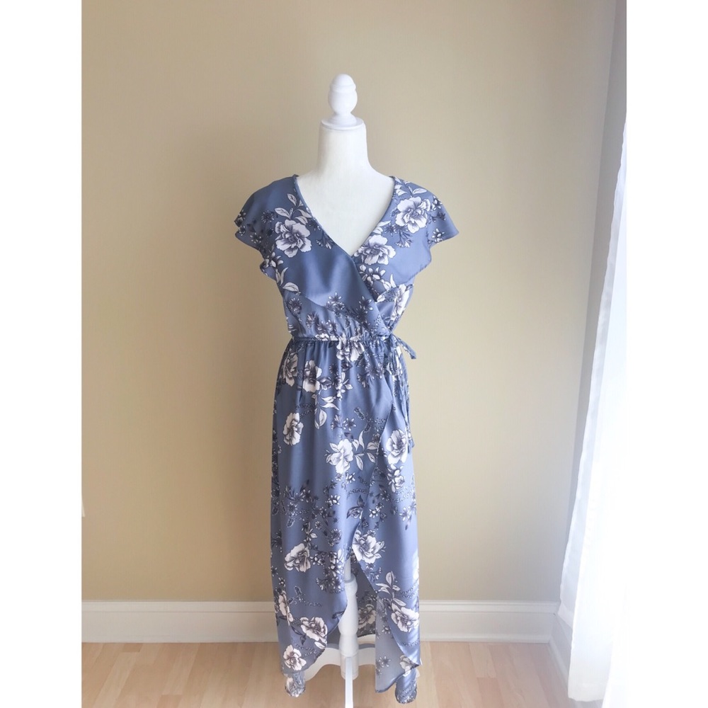 Blue Floral Wrap Dress- Size M